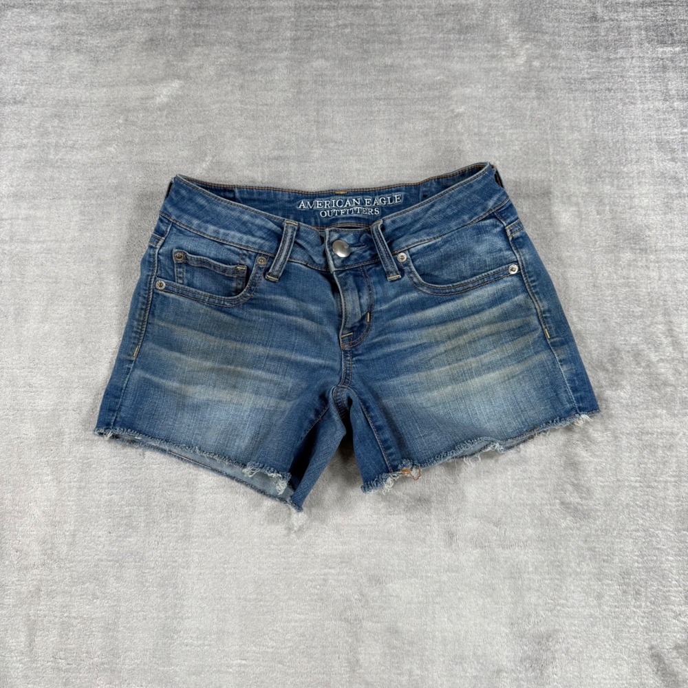 American Eagle Women 4 Blue Denim Super Low Shortie Raw Hem Super Stretch Y2K
